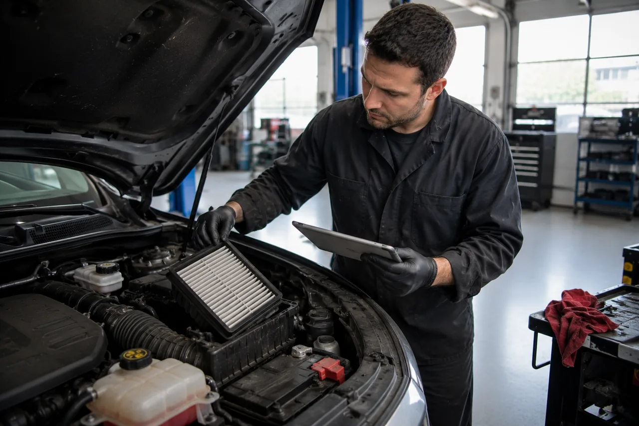 A Big O Tires Maple Ridge technician inspecting an engine bay